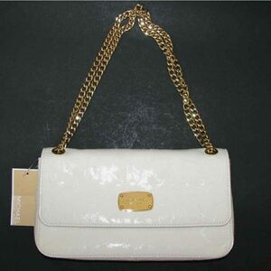 Michael Kors MK Designer Signature Gold Tone Chain White Shoulder Hand Bag Purse